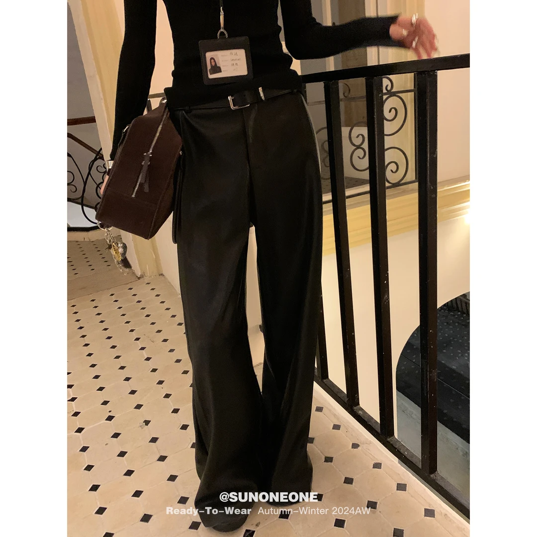 SUNONEONE 黑色宽松阔腿皮裤女秋冬时尚设计感显瘦直筒长裤D0053K