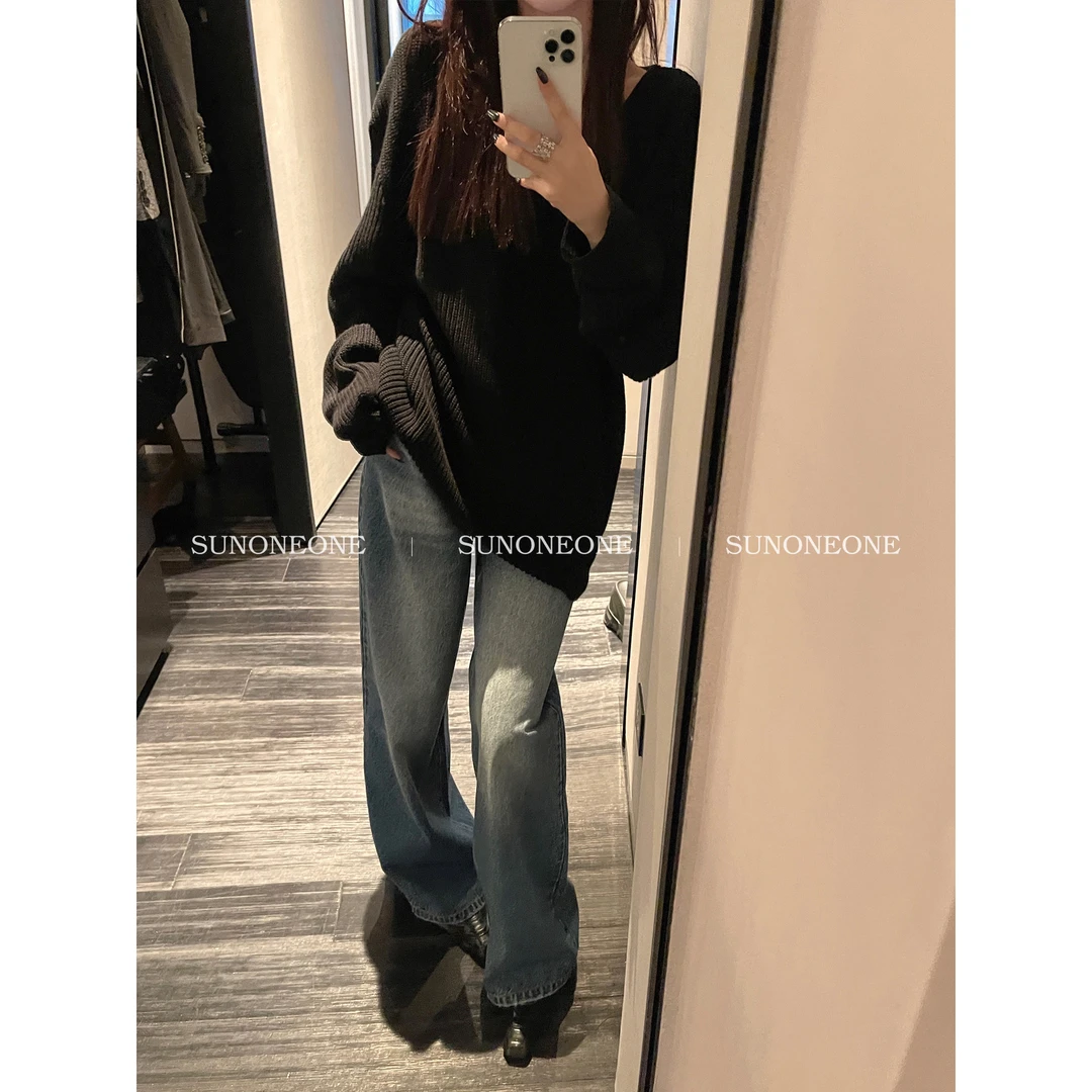 SUNONEONE 水洗蓝色低腰牛仔裤女早秋宽松显瘦阔腿裤子HK11036