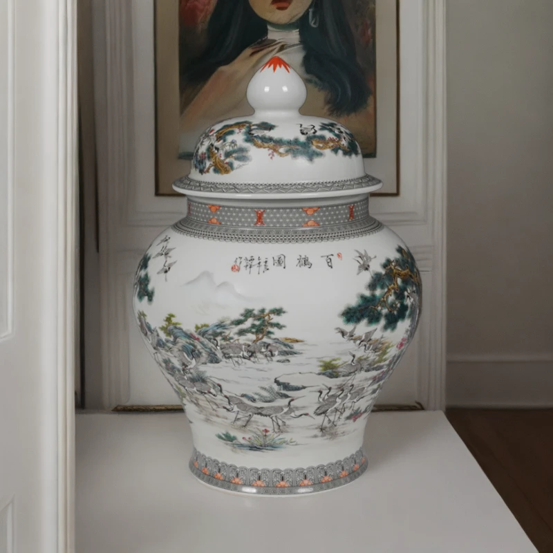 景德镇陶瓷器茶叶罐手绘粉彩百鹤将军罐新中式家居客厅装饰品摆件