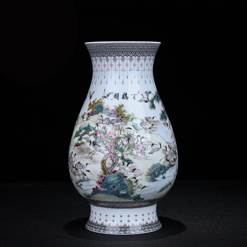景德镇陶瓷 手绘百鹤图福气桶装饰摆件 家居客厅插花器瓷器工艺品