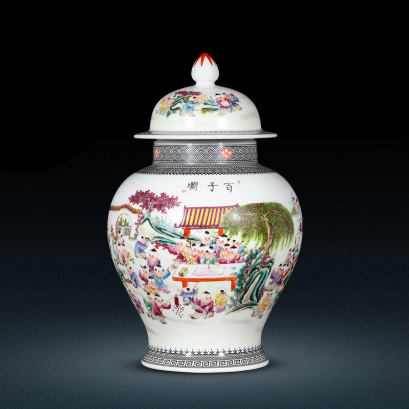 景德镇陶瓷 客厅餐桌花瓶装饰品摆件 新中式手绘百子图瓷器工艺品