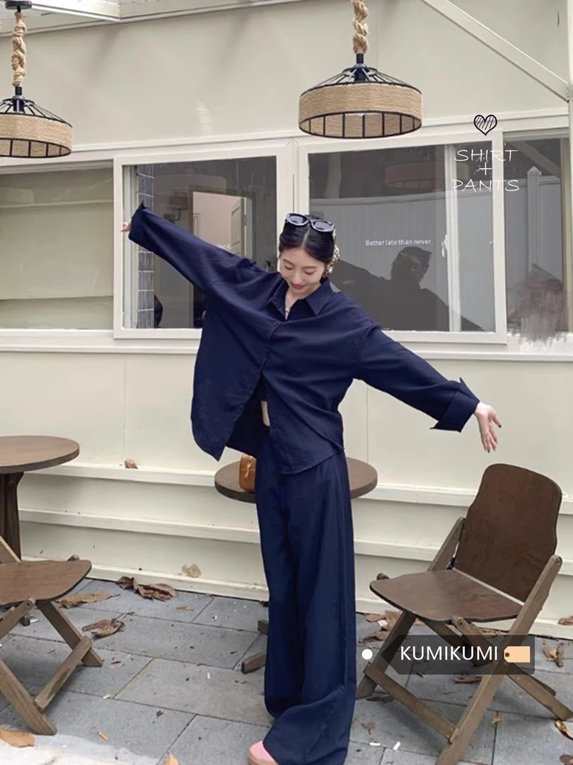 极简风春季新款通勤套装女气质高级感显瘦衬衫休阔腿裤套装1201卡