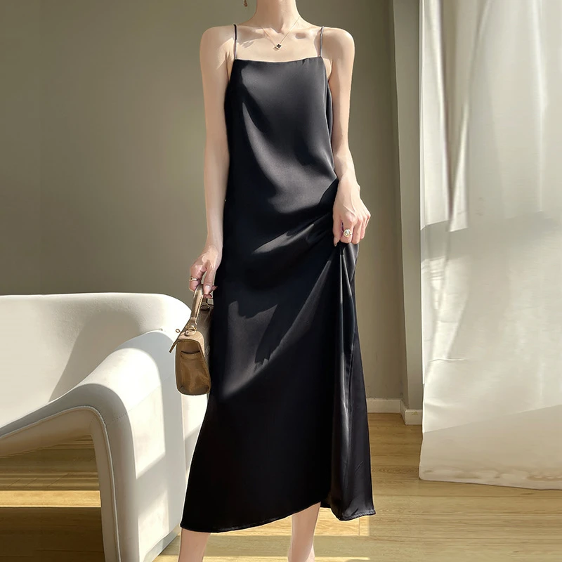 2024夏季新款睡衣女高级感醋酸缎面一字领纯色无袖吊带长裙睡裙