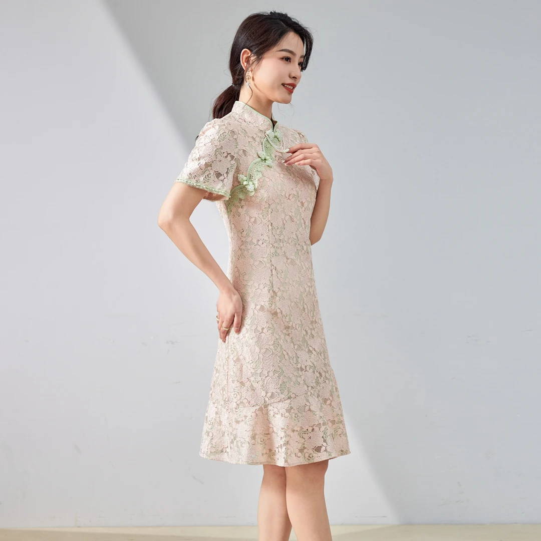 慕拉春夏新款时尚百搭新中式复古蕾丝连衣裙M4210L972