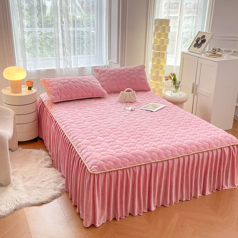 纯色牛奶绒夹棉床裙床罩单件公主风花边床围裙保护套加厚秋冬保暖