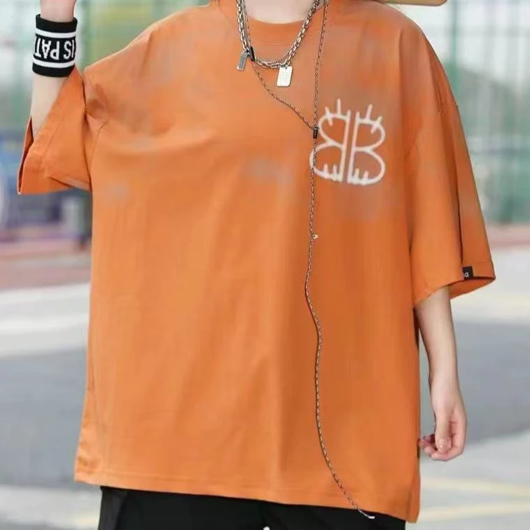 6652 橘色 青少年潮牌休闲针织短袖