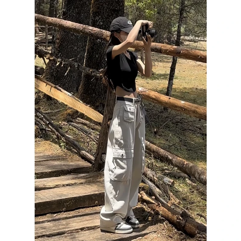 高街复古沙白色工装裤女春秋高腰宽松休闲设计感小众阔腿拖地长裤