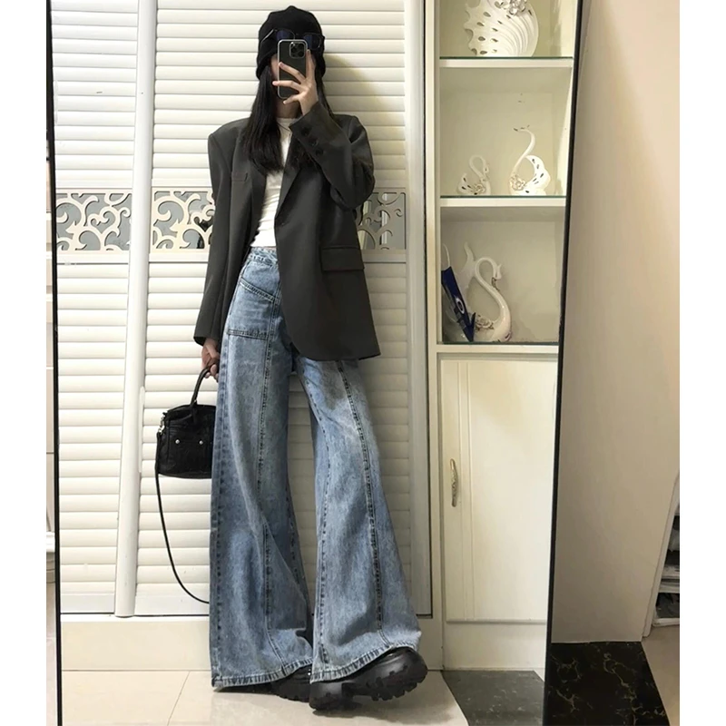 秋冬季美式中低腰阔腿喇叭牛仔裤女宽松显瘦百搭分割线加长拖地裤