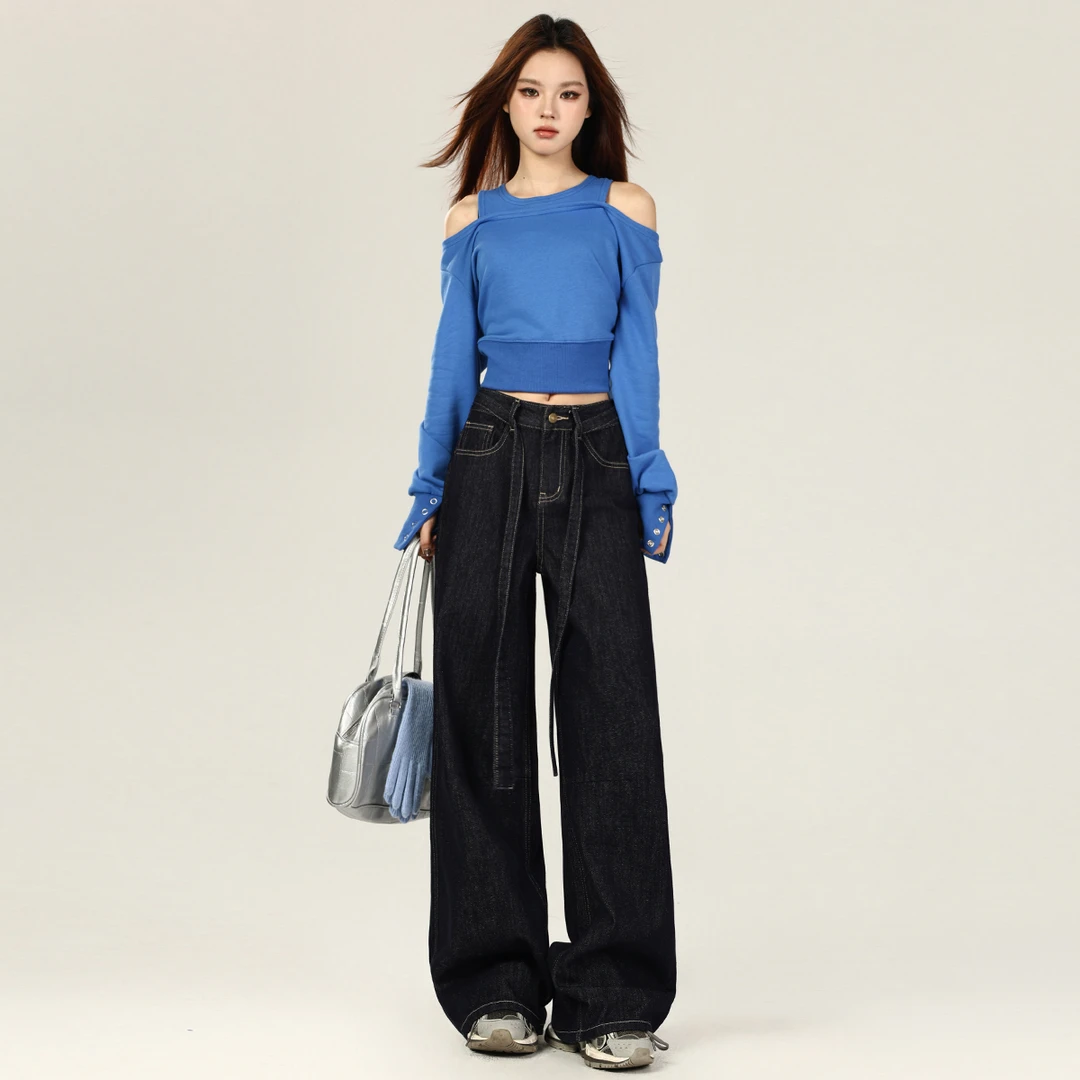 抽绳立体后袋阔腿牛仔裤女2025年秋冬新款慵懒风高腰显瘦拖地裤子