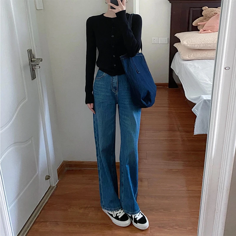 美式复古蓝小个子窄版阔腿女深蓝色2025新款宽松显瘦垂感长裤子