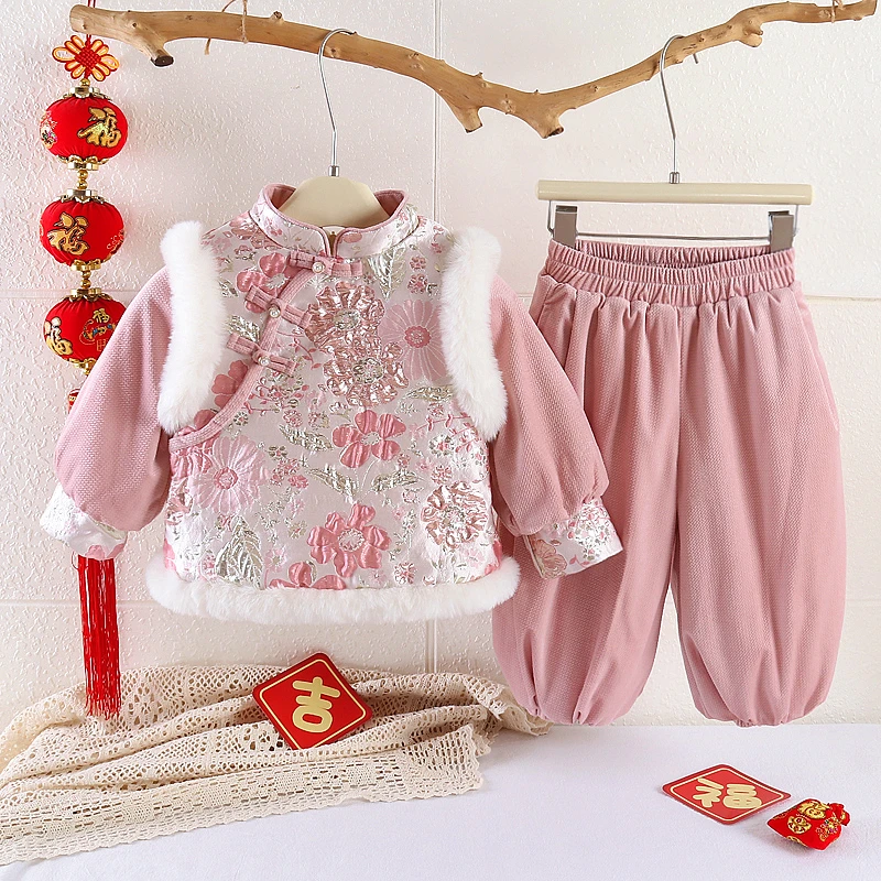 【繁花似锦】女童宝宝套装冬季加厚夹棉中国风套装喜庆拜年服周岁服