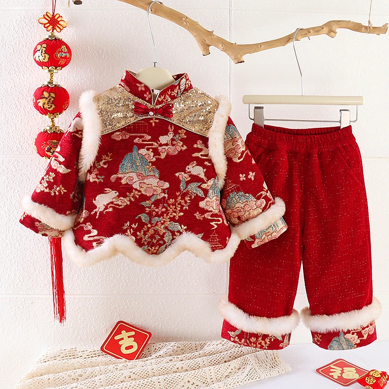 【琼楼玉宇】男女宝宝套装中国风拜年服套装喜庆拜年服冬季加厚加绒