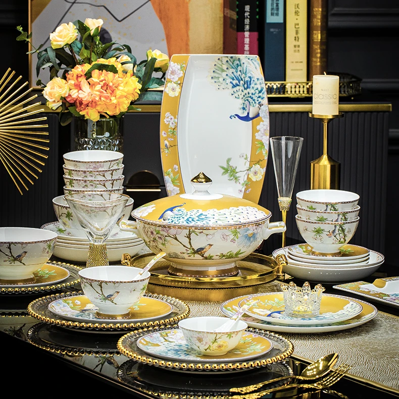 鸾凤和鸣69头高档骨瓷餐具套装景德镇新中式轻奢碗盘碟子乔迁送礼