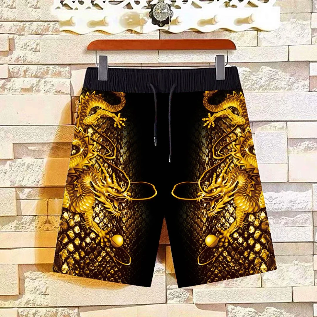 男士短裤男夏季速干透气高档五分裤男潮牌男装休闲裤龙图案印花裤