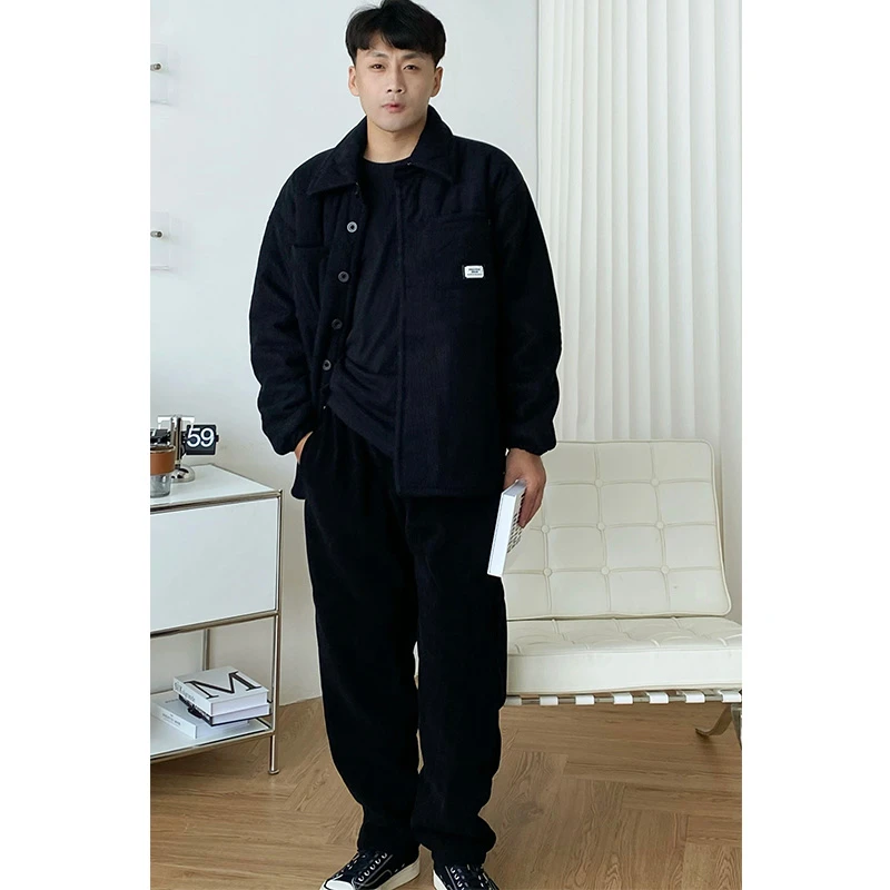 男士睡衣冬季珊瑚绒三层夹棉袄衬衫加厚加绒保暖套装可外穿家居服