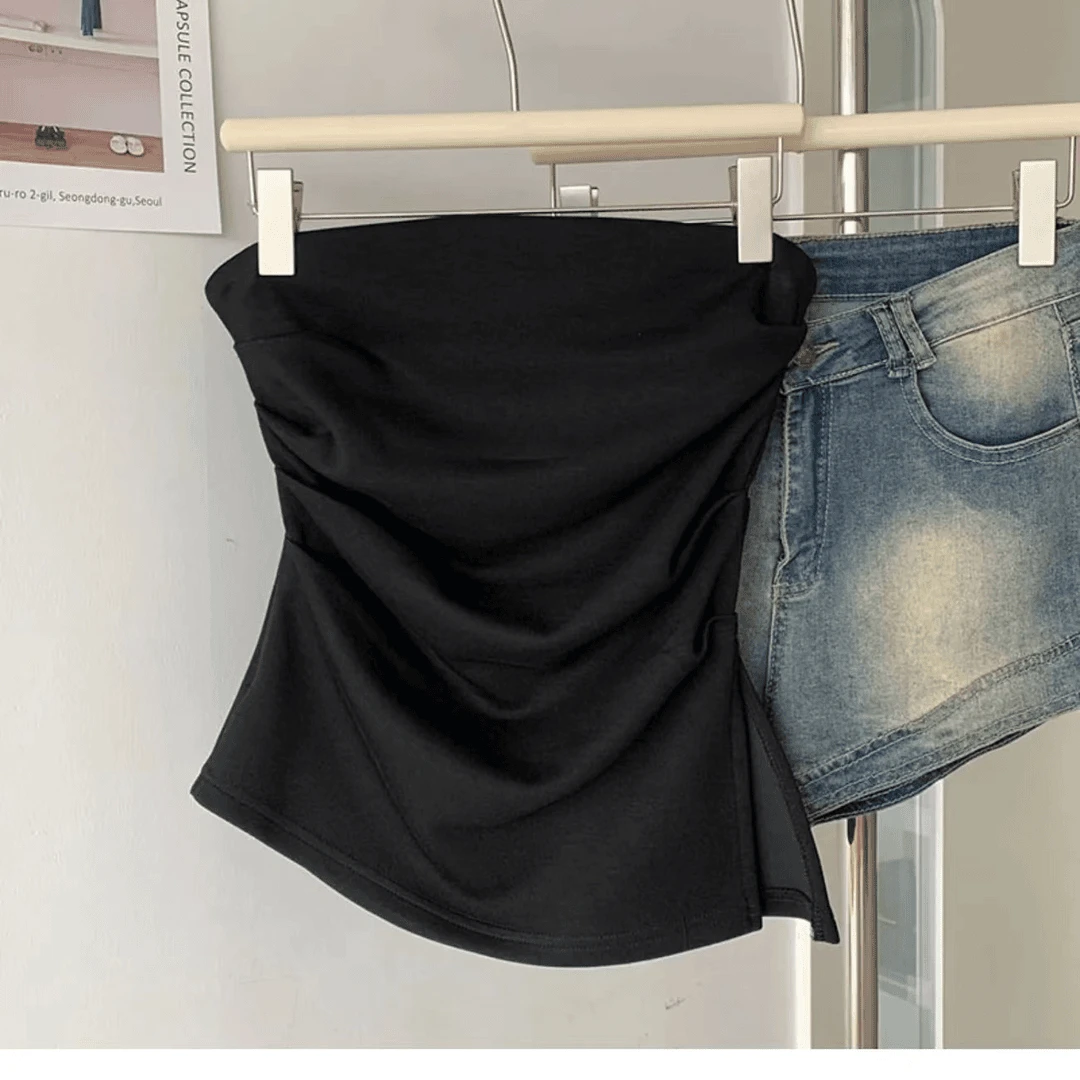 2024辣妹夏季新款法式一字单力抹胸背心夏季纯欲修身显瘦露肩上衣