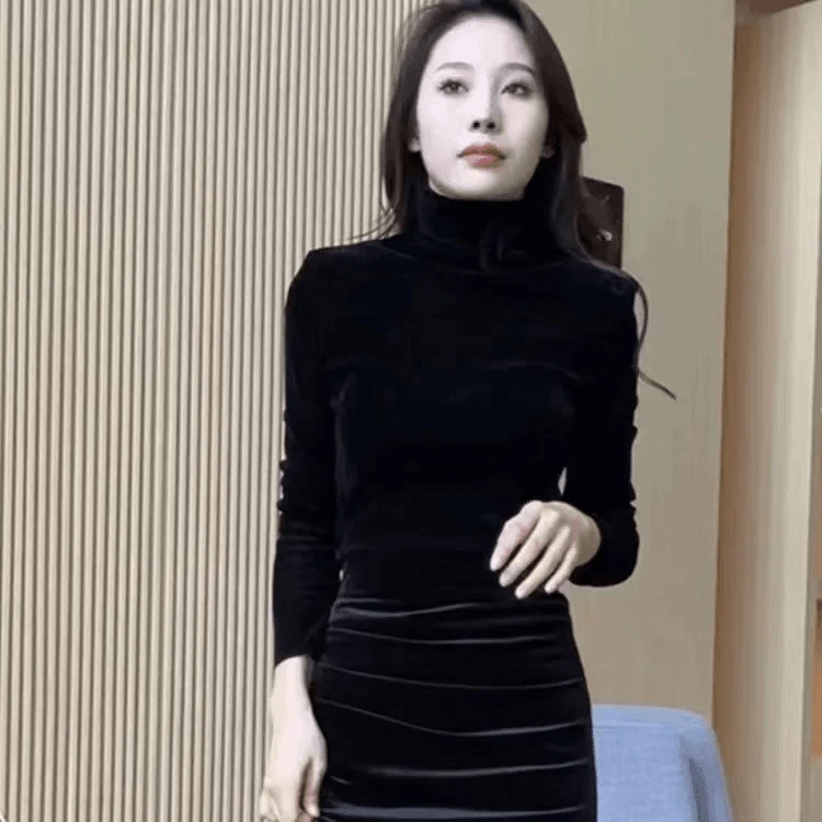 轻熟高领小衫花朵丝绒上衣女2024秋冬新款气质长袖T恤修身打底衫