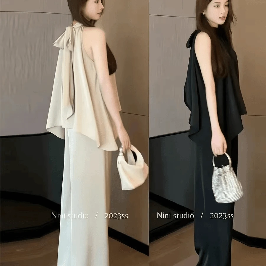 法式无袖小众挂脖露肩气质套装夏季新款挂脖背心上衣+宽松阔腿裤