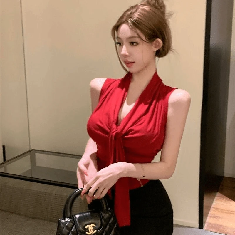 纯色收腰显瘦上衣夏季新款女T恤衫韩系辣妹气质飘带荡领无袖背心