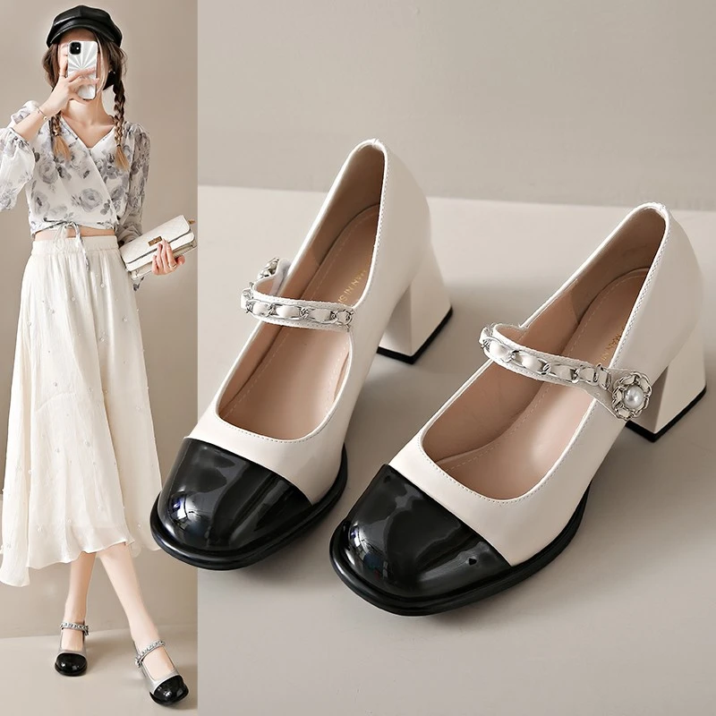 小香风玛丽珍鞋女2024新款秋季拼色单鞋粗跟法式一字带粗跟高跟鞋