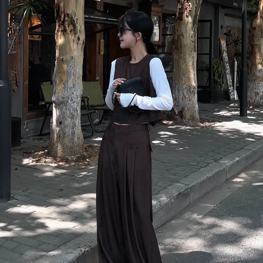 【朗姆红茶】秋季时尚高腰百搭休闲直筒马甲+裤子套装两件套