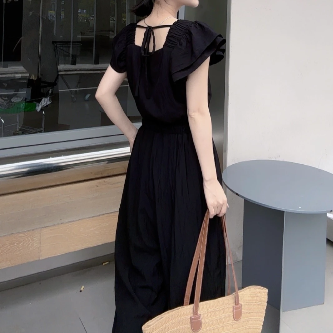 【时尚新宠】夏季气质显瘦时尚高腰复古方领长款赫本风连体衣连体裤