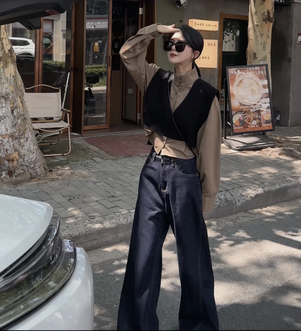 【夏洛特花园】秋季宽松显瘦复古百搭时尚外穿针织+衬衫套装两件套