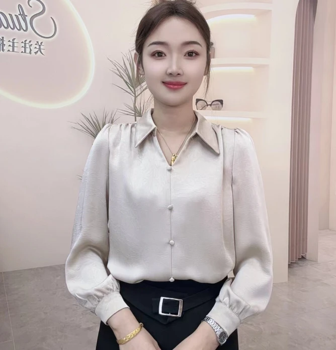 秋季新款2024年气质宽松衬衫女显瘦通勤百搭时尚纯色长袖衬衫上衣