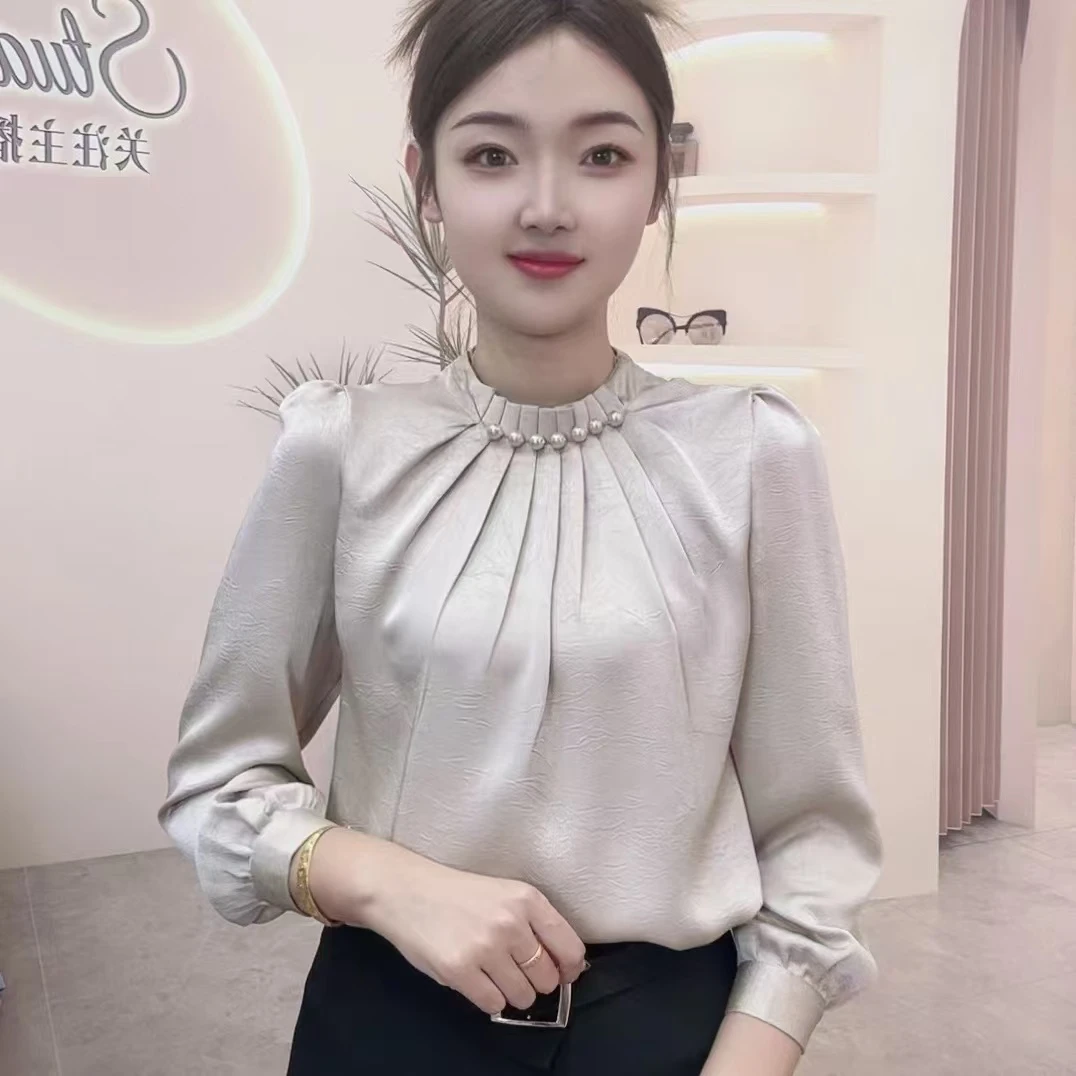 春秋款新款时尚百搭洋气显瘦气质减龄女士设计感手工串珠长袖衬衫