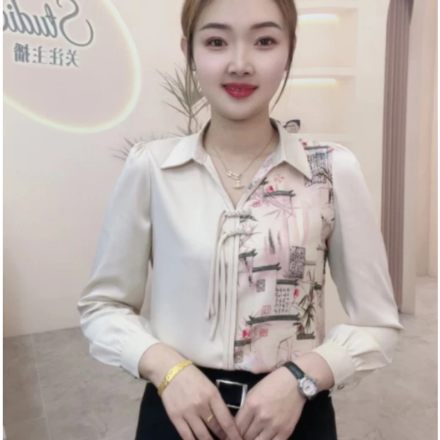 新款缎面长袖拼接富贵竹气质百搭气质国风盘扣设计减龄衬衫妈妈装