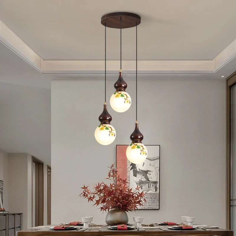 新中式餐厅吊灯单头胡桃色吧台楼梯长吊灯书房玄关中国风床头灯具