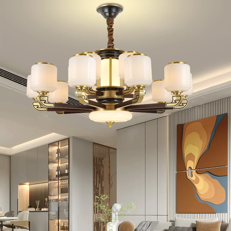 新款新中式全铜加实木吊灯复式楼大吊灯大气耐看客厅灯具