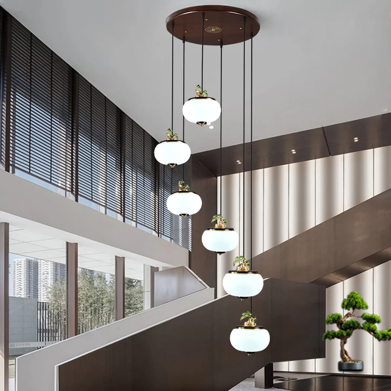 楼梯灯长吊灯全铜新中式复式楼别墅现代旋转挑空简约楼道灯