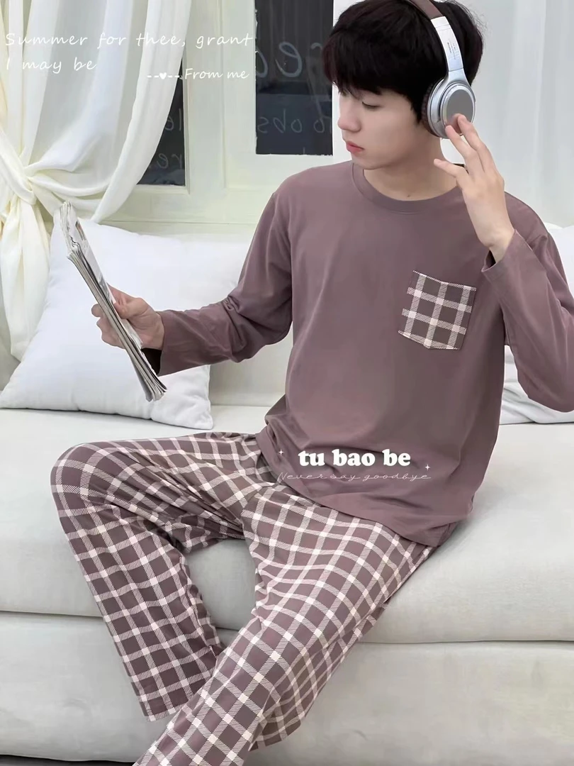 大童青少年长袖秋季新款格子简约家居服可穿亲子秋衣秋裤套装莫棉