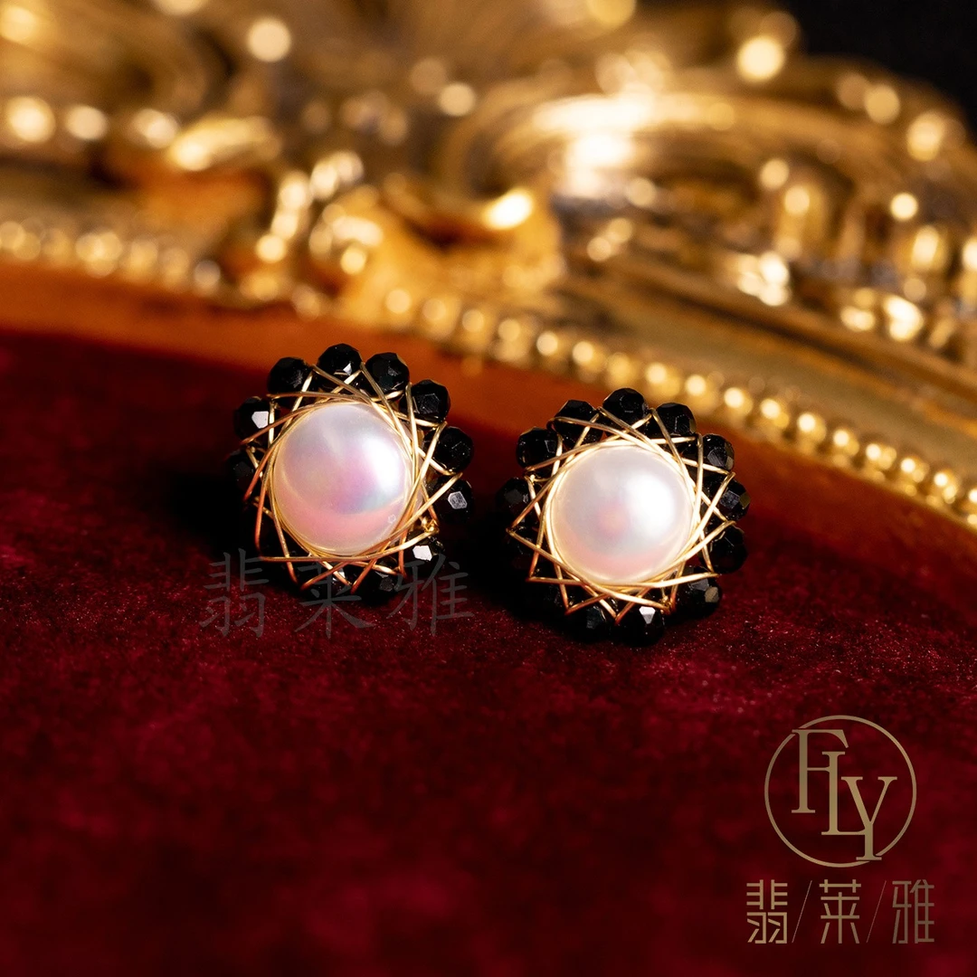 翡莱雅 铜合金耳饰 法式手工百搭气质优雅【黑晶熊猫】耳钉-6192
