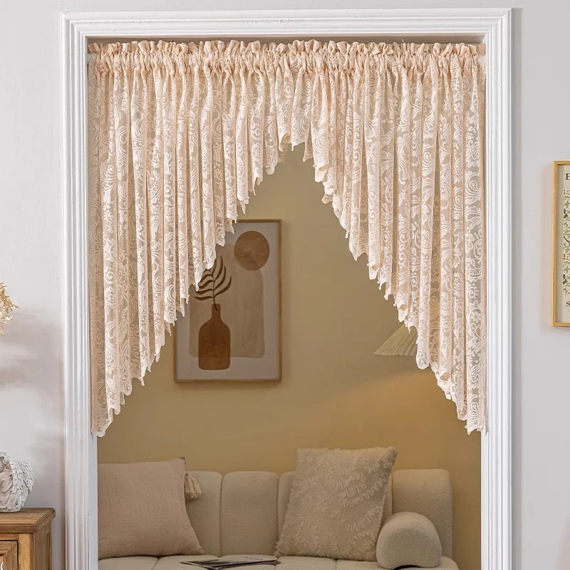 法式短帘装饰氛围感门帘免打孔隔断帘半截厨房拱形帘三角遮挡帘