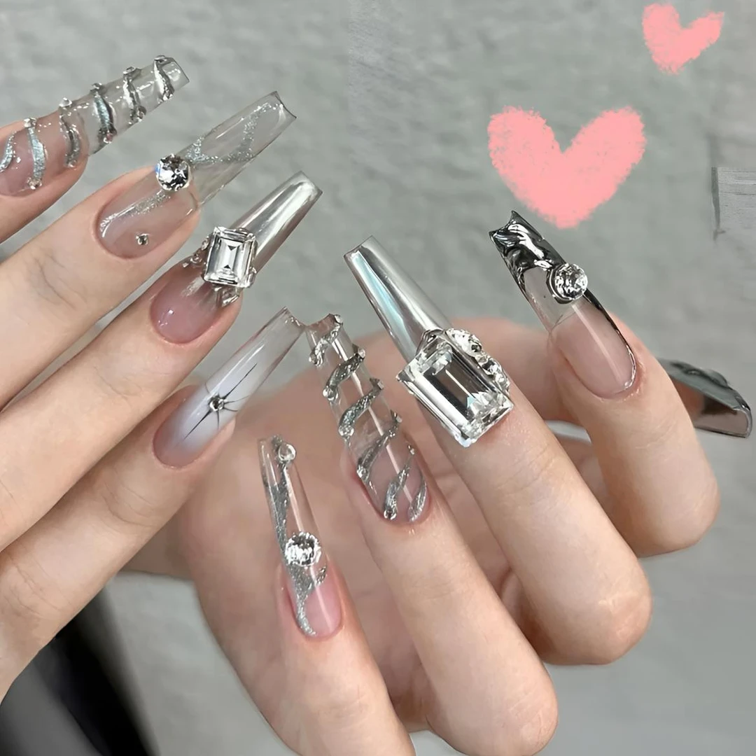 【纯手工穿戴甲】千禧辣妹黑色系立体猫眼长T型新品爆款果冻胶美甲