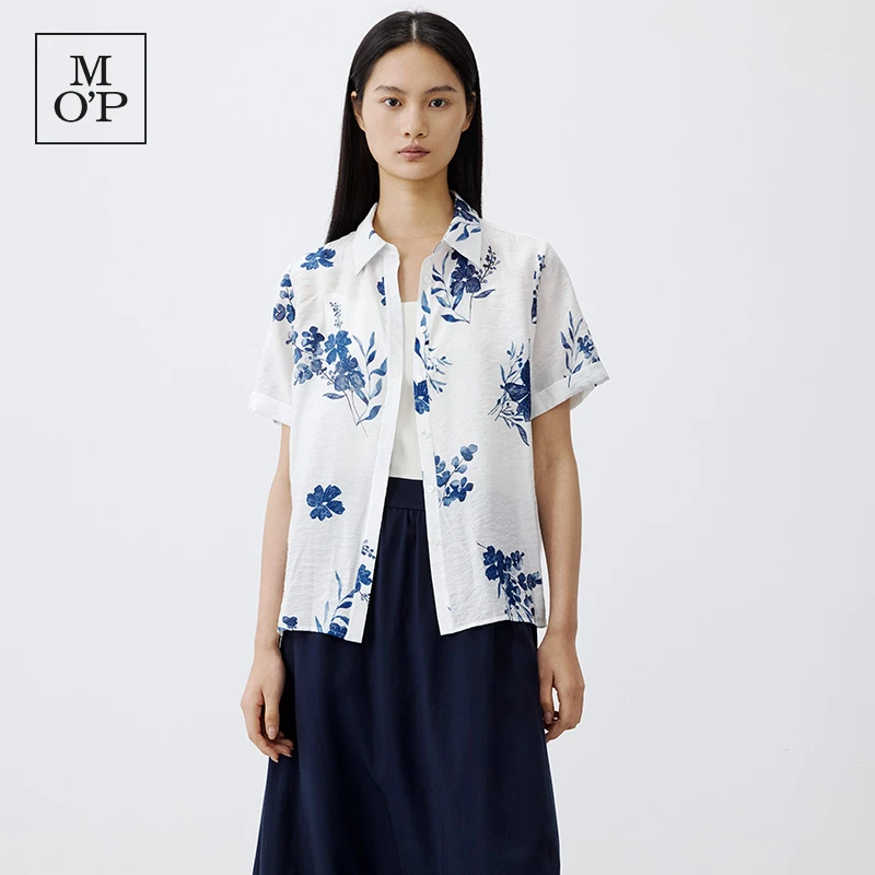 Marc O'Polo/MOP 春夏新中式翻领度假风水墨印花透气短袖衬衫女士