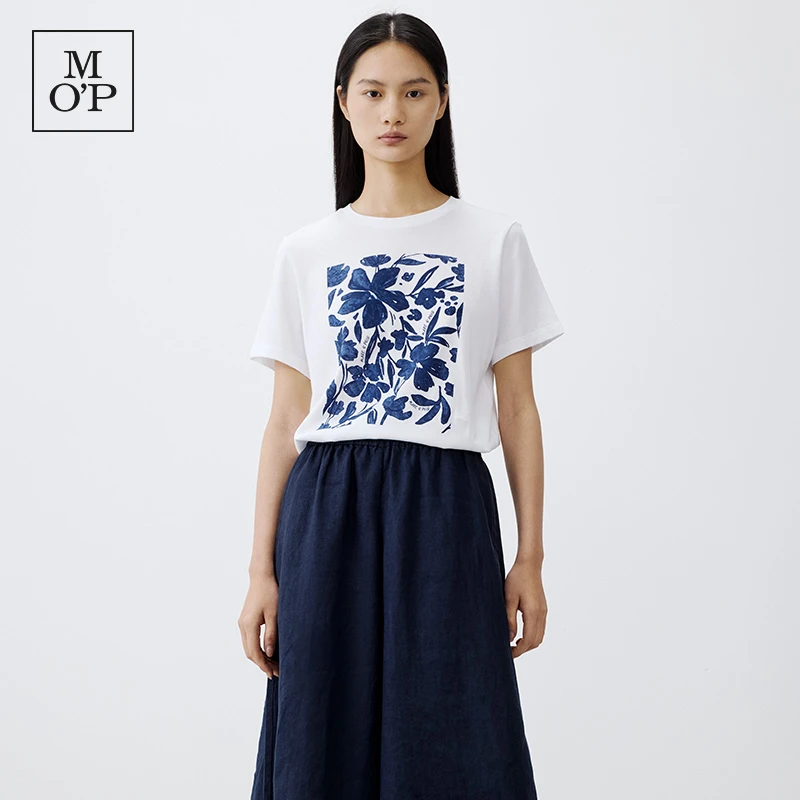 Marc O'Polo/MOP 春夏新中式环保棉方块印花宽松落肩短袖T恤女