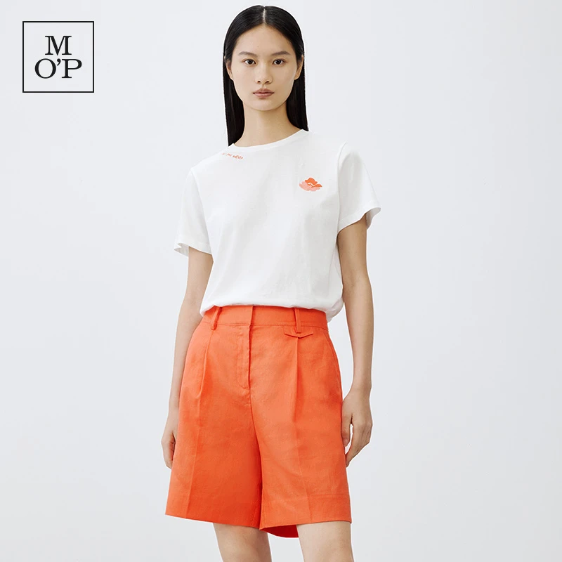 Marc O'Polo/MOP欧若风穿搭白色环保棉刺绣花纹圆领短袖T恤女士