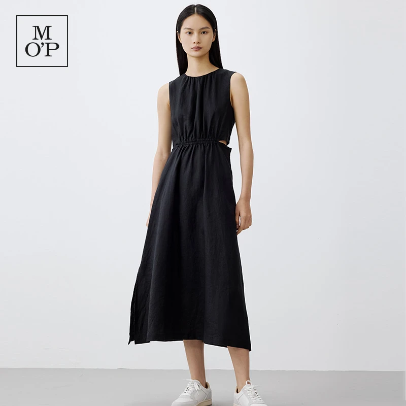 Marc O'Polo/MOP 2024夏季新款亚麻V领无袖系带显瘦露腰连衣裙女