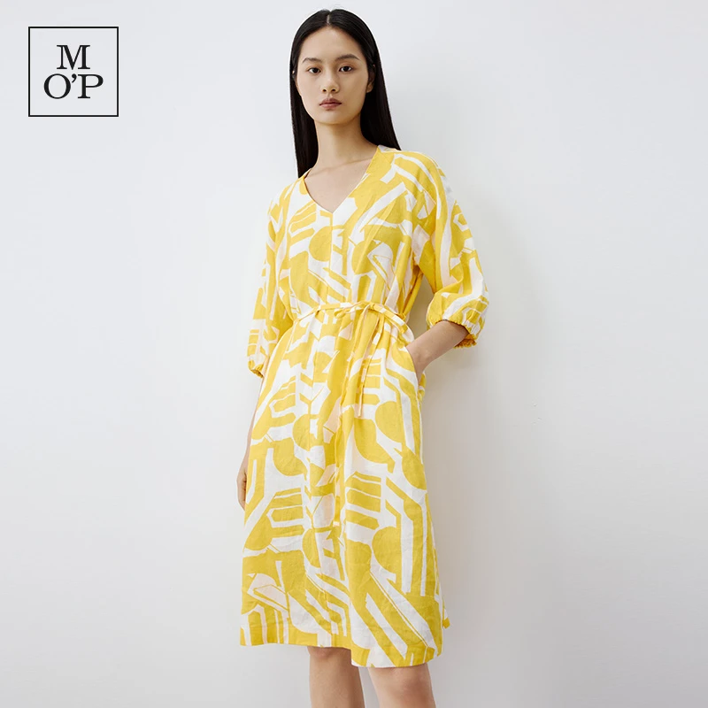 Marc O'Polo/MOP舒适亚麻女士V领气质印花系带显瘦连衣裙通勤穿搭