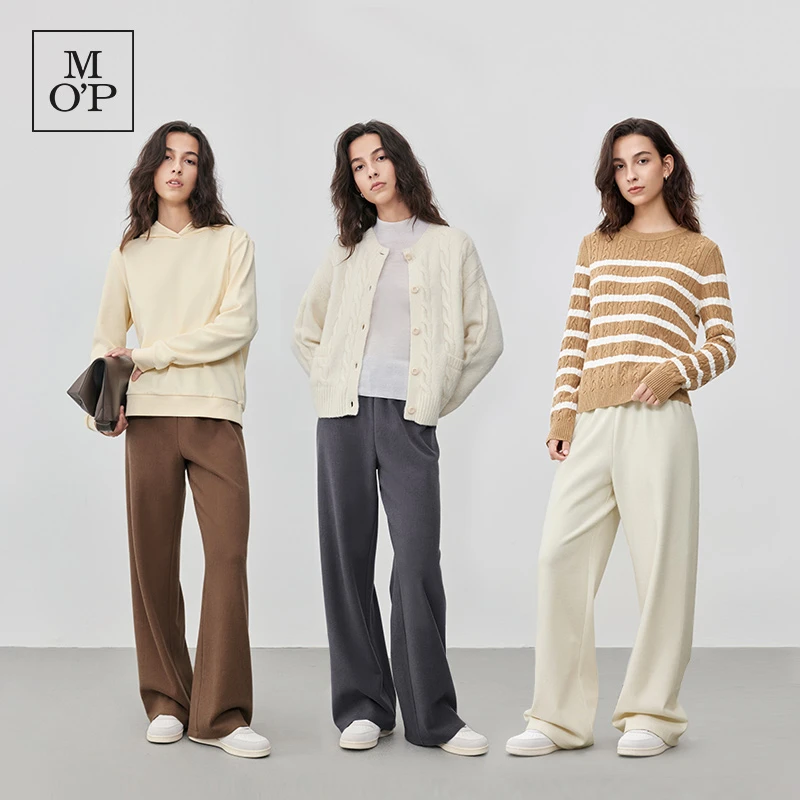 Marc O'Polo/MOP24秋冬季新款收腰竖条纹宽松微阔针织休闲裤女士