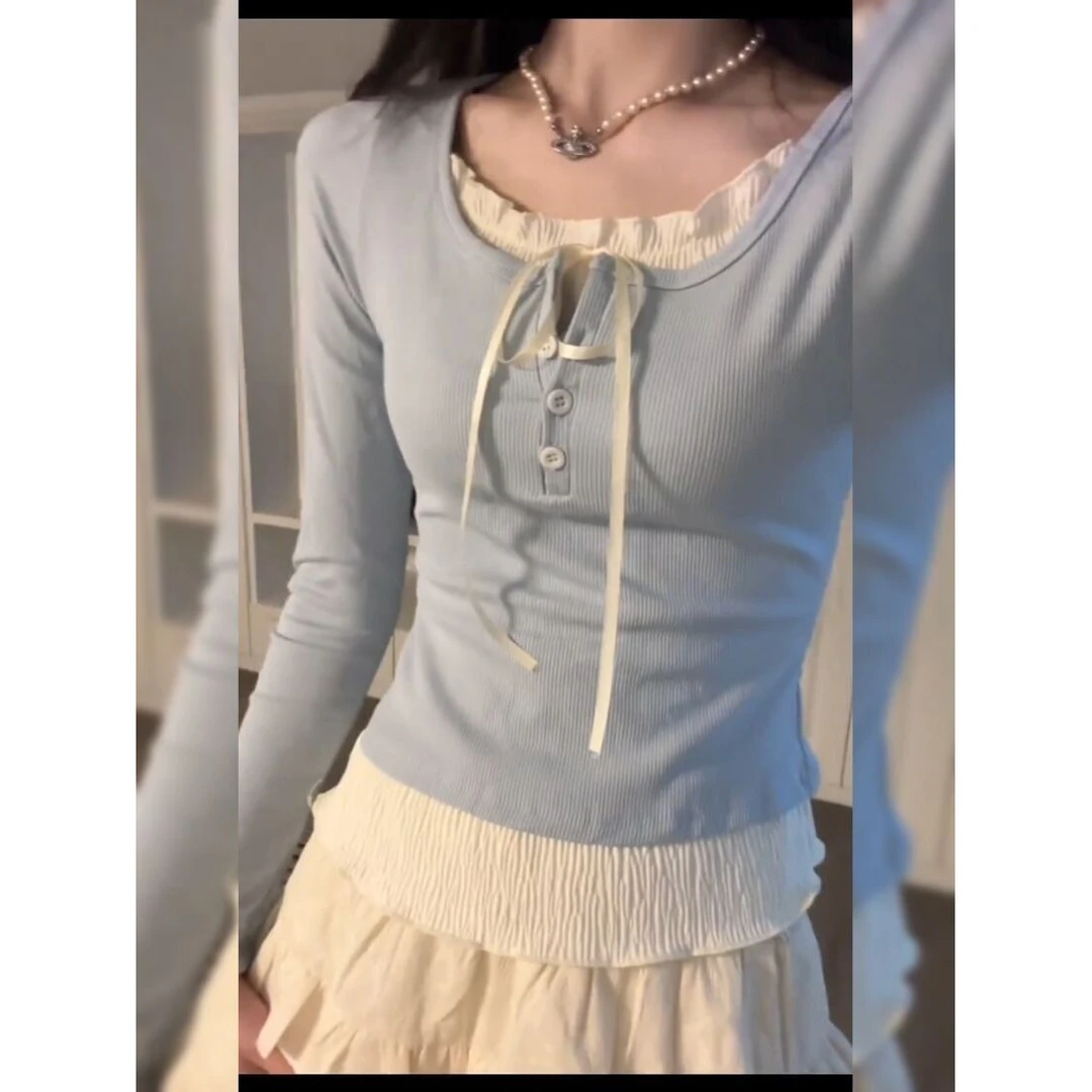 带胸垫芭蕾风假两件T恤女秋冬蝴蝶结打底纯欲内搭别致上衣女Y