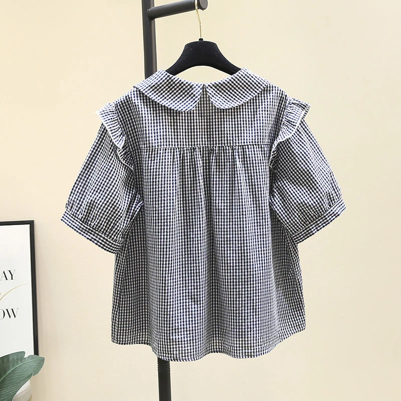 宽松减龄格子短袖衬衫女2024年夏季新款设计感小众衬衣娃娃衫上衣