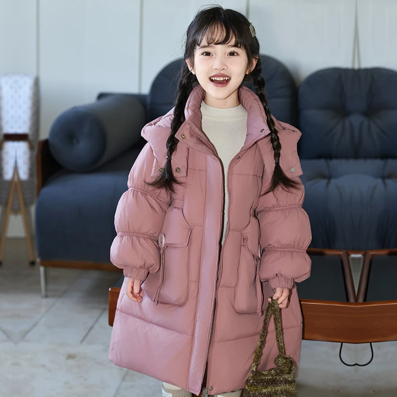 儿童羽绒服女童中长款2024新款中大小童收腰修身加厚冬装外套