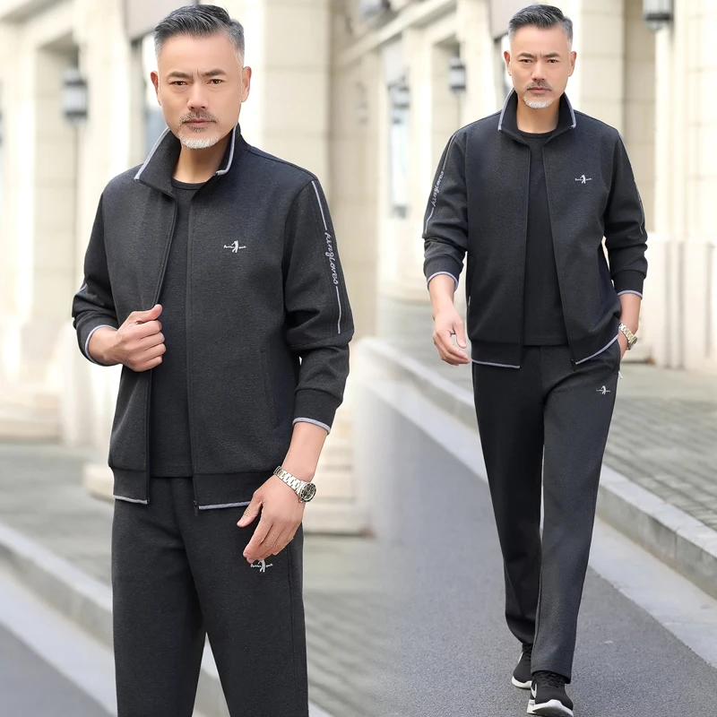 春季中老年男士高端休闲运动服套装男春秋老年人爸爸装大码三件套