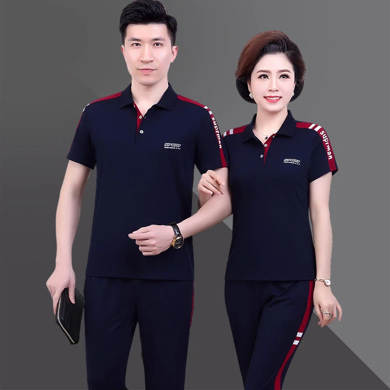 中老年爸妈情侣装休闲运动服套装男女夏季短袖长裤中年爸爸妈妈装