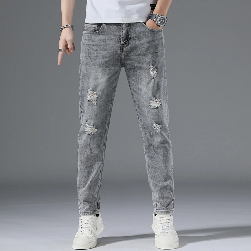2023新款灰色破洞牛仔裤春夏修身弹力裤韩版潮流春季休闲长裤子男