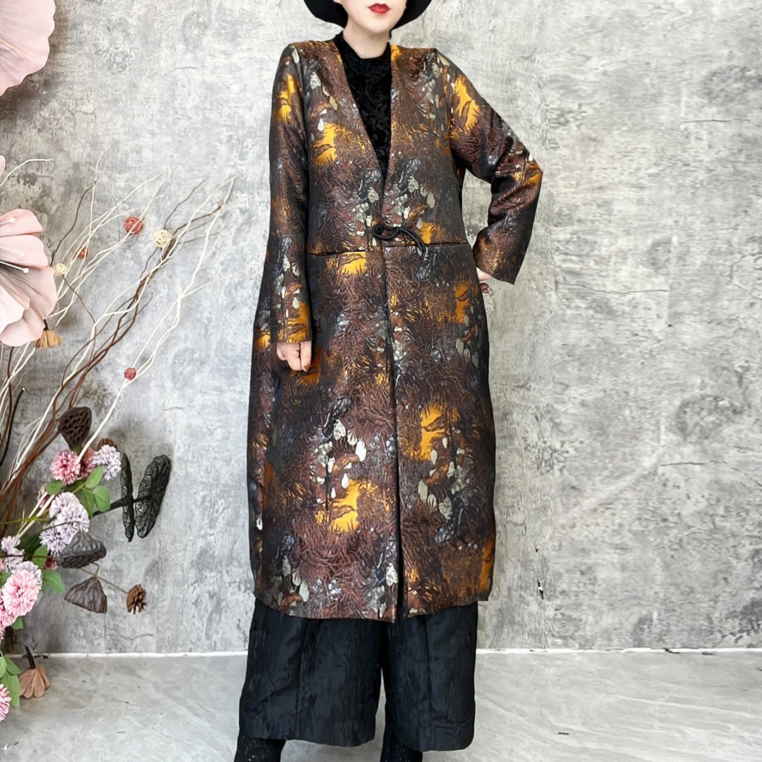 秋冬气质宫廷风外套中式复古重工提花风衣大码胖mm洋气休闲棉服女